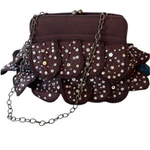 Vintage Gap Brown & Teal wristlet w/sequins & beads gold/brass frame clasp